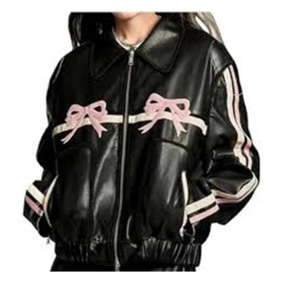 NWT Black Bomber Jacket Faux Leather Pink Bow Stripes Sz S Balletcore Layer Moto - Picture 1 of 9